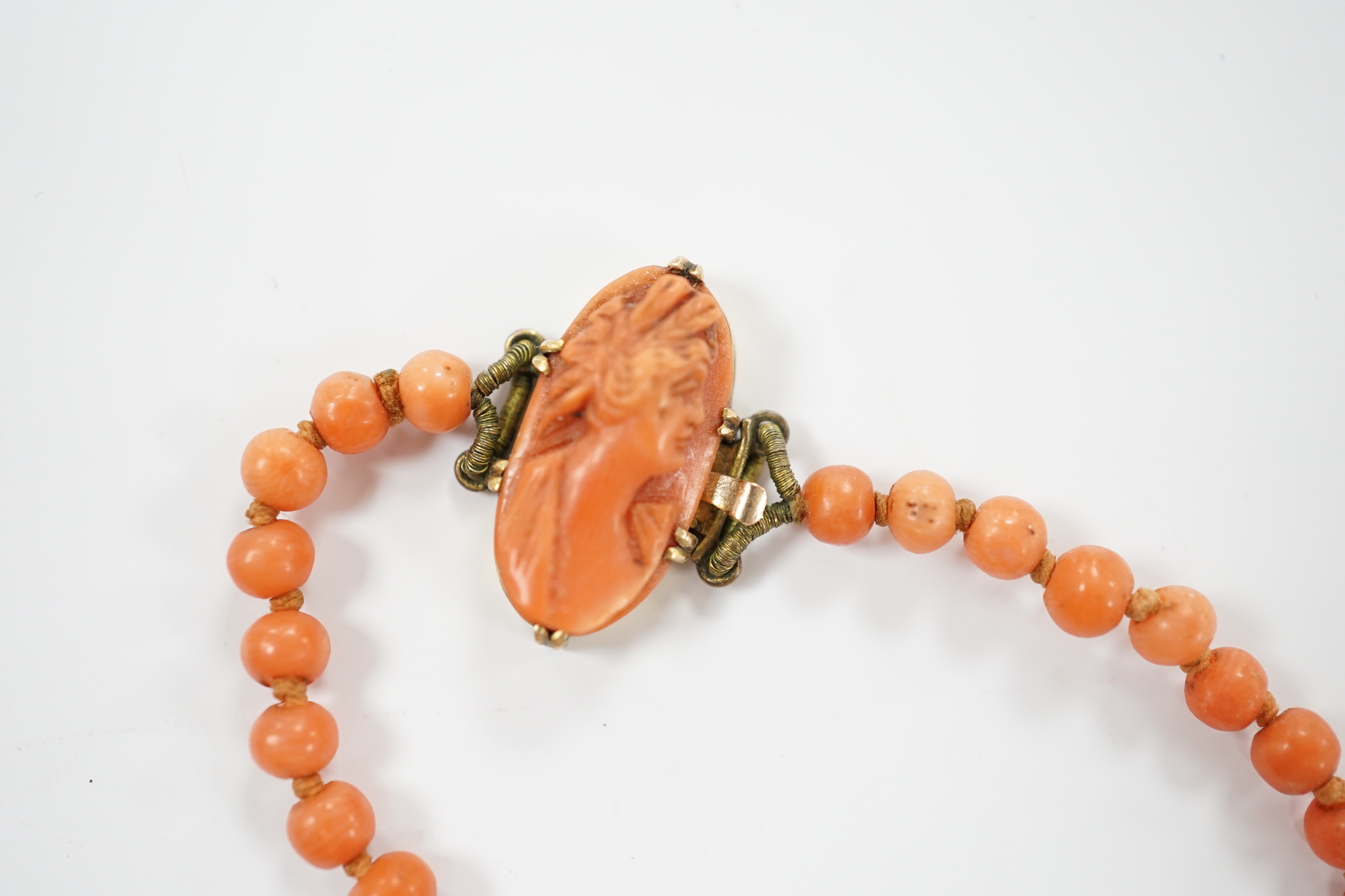 A single strand graduated coral bead necklace, with carved coral set yellow metal clasp, 52cm, gross weight 23.9 grams.